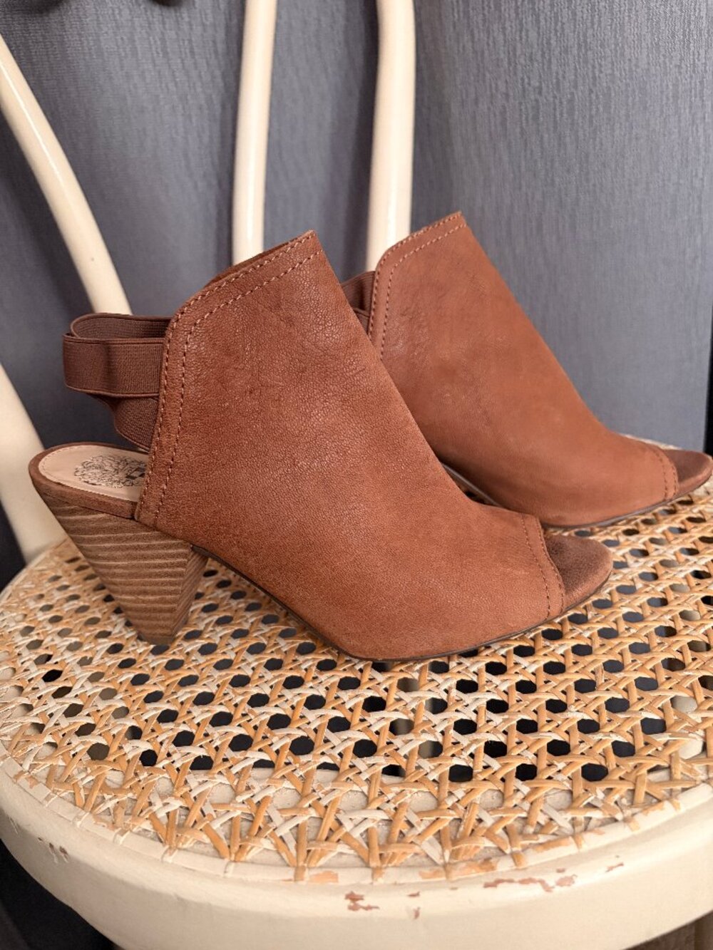 Casual Tan Vince Camuto Edora Peep Toe Ankle Bootie Cone Heel